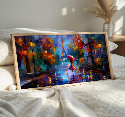 Rainy Paris Wall Art, Eiffel Tower Panoramic Print, Colourful Umbrella Art, Romantic French Wall Decor