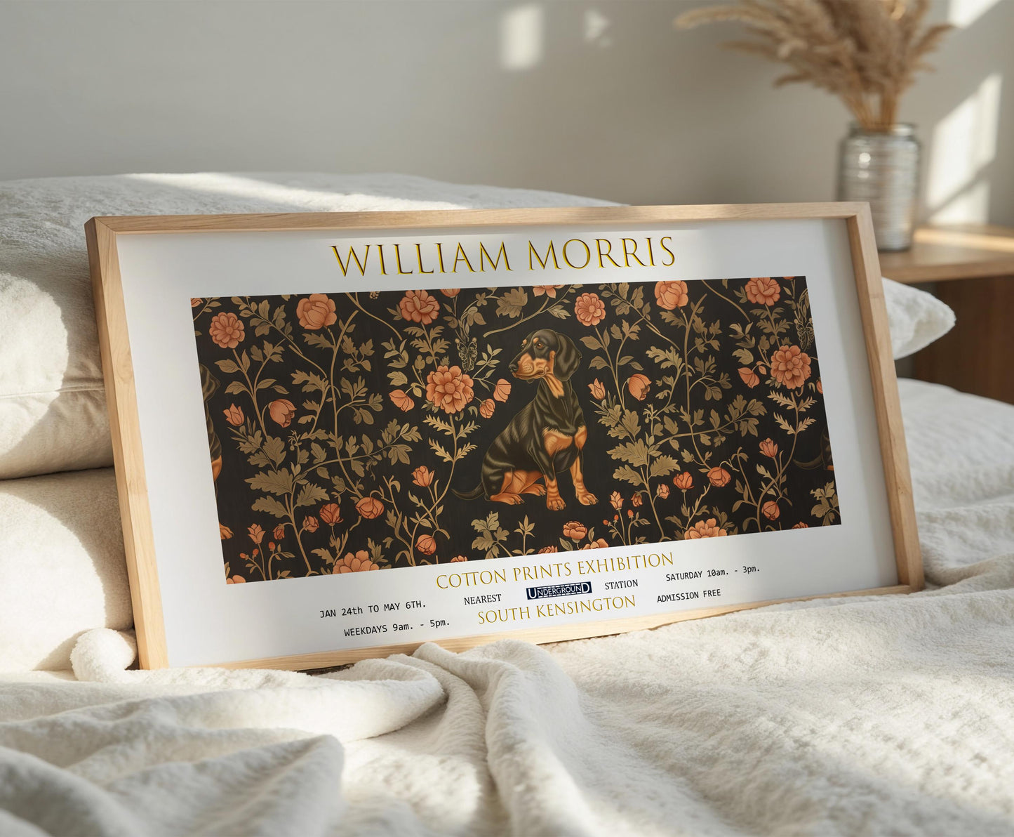 William Morris Dachshund Floral Print: Vintage Textiles Art