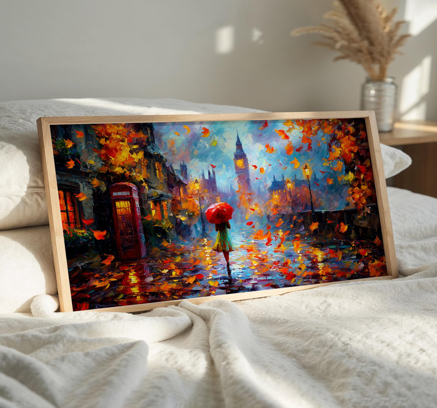 London Panoramic Print, Big Ben Wall Art, Red Telephone Box, Rainy London Art, Impressionist Oil Painting