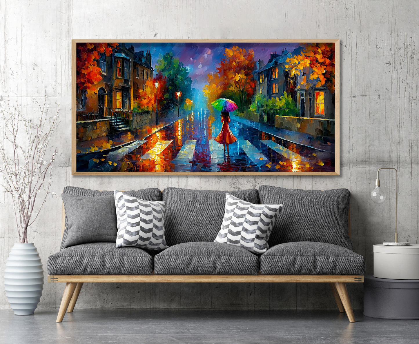 Abbey Road London Print – Rainy London Wall Art – Colourful Umbrella Panoramic Print