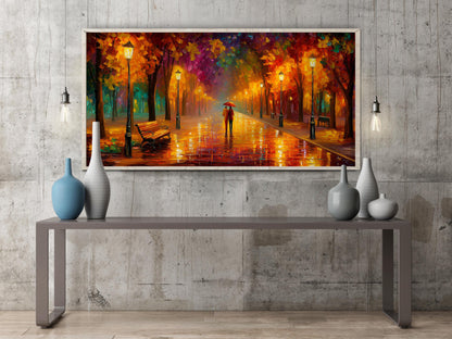Romantic Umbrella Wall Art – Rainy Autumn Park Print – Panoramic Landscape Art