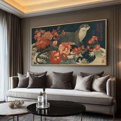 Vintage Otter Poster, Ukiyo-e Floral Art, Japanese Panorama Wall Art