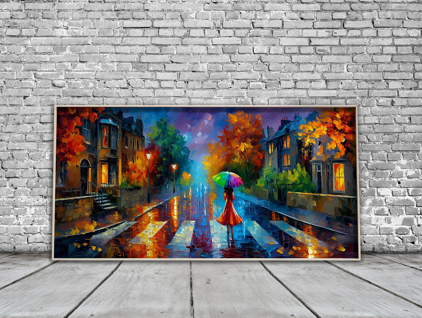 Abbey Road London Print – Rainy London Wall Art – Colourful Umbrella Panoramic Print