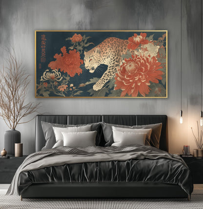 Japanese Leopard Poster Print – Navy Blue and Red Bedroom Wall Art Large Panoramic Art