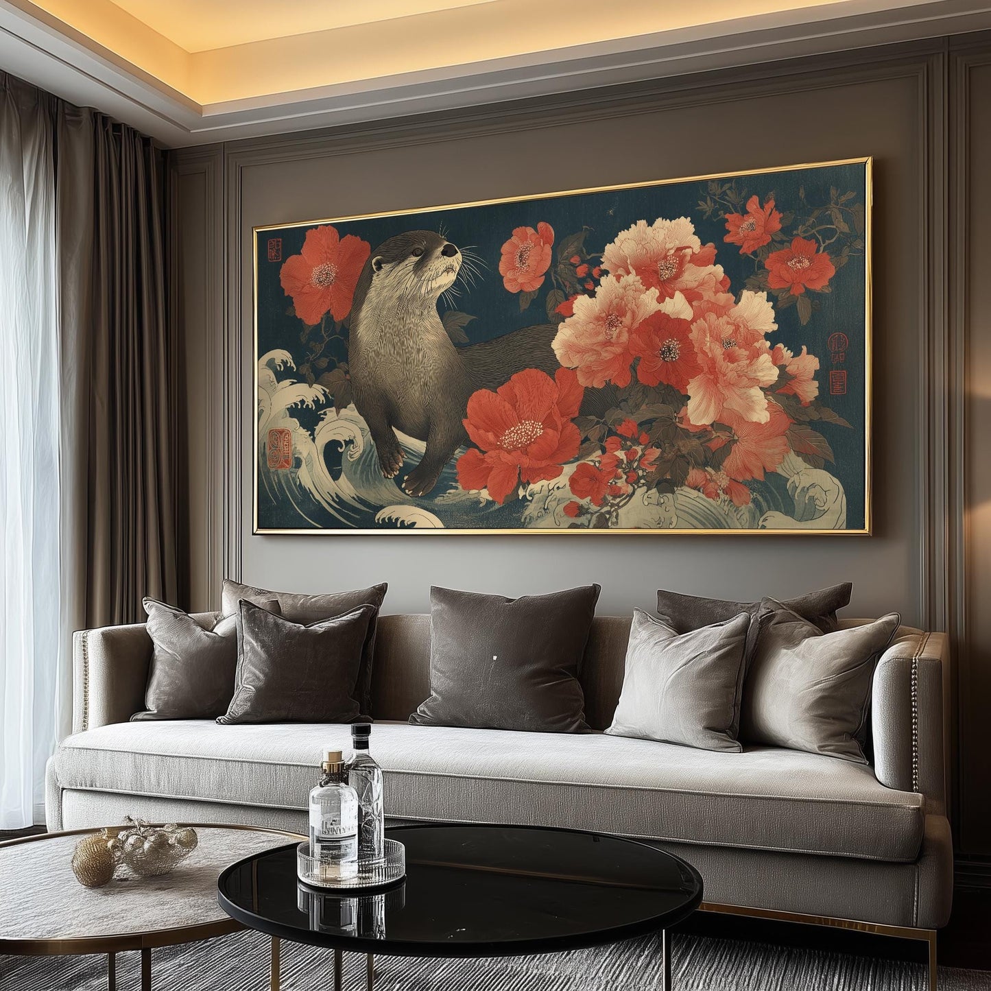 Japanese Otter Art Print – Ukiyo-e Floral Wildlife Artwork