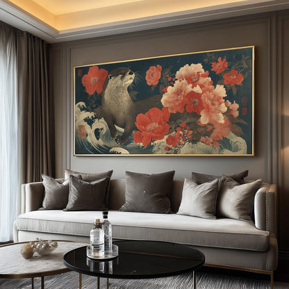 Japanese Otter Art Print – Ukiyo-e Floral Wildlife Artwork