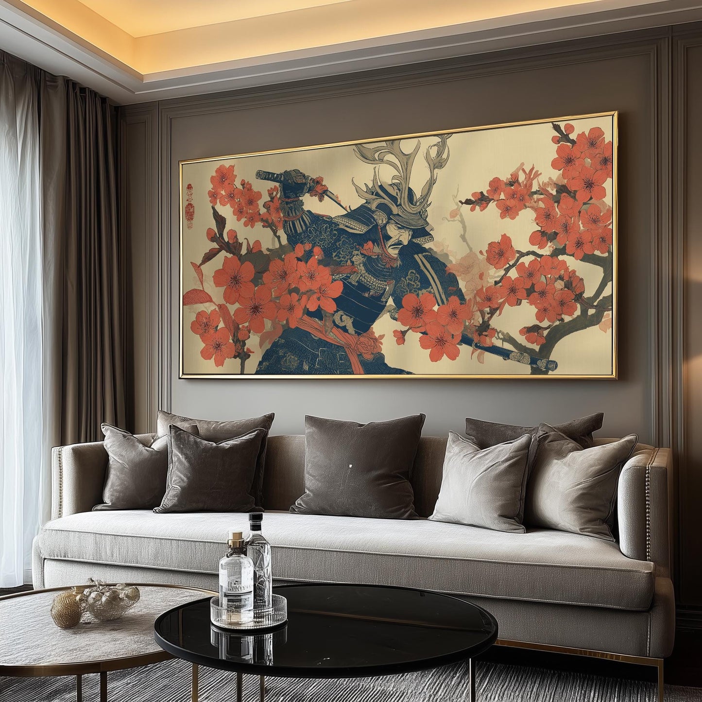 Japanese Samurai Panoramic Print - Japanese Warrior & Cherry Blossom Poster, Japandi Art, Ukiyo-e Décor Artwork for Living Room