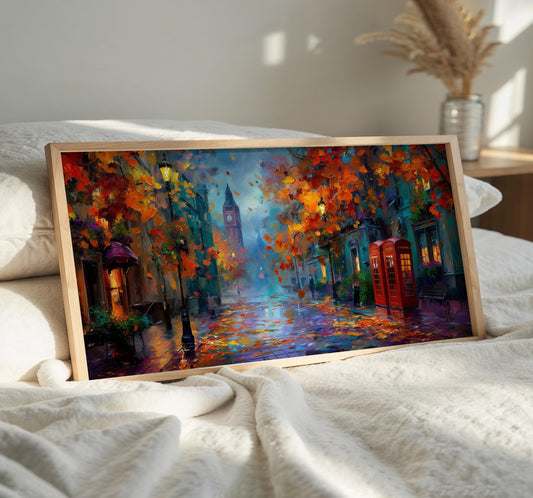 Panoramic London Print, Big Ben Wall Art, Red Phone Box, Rainy London Art, Impressionist Oil Painting