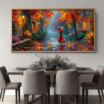 Colourful Umbrella Wall Art – Rainy Autumn Street Print – Impressionist Oil Painting