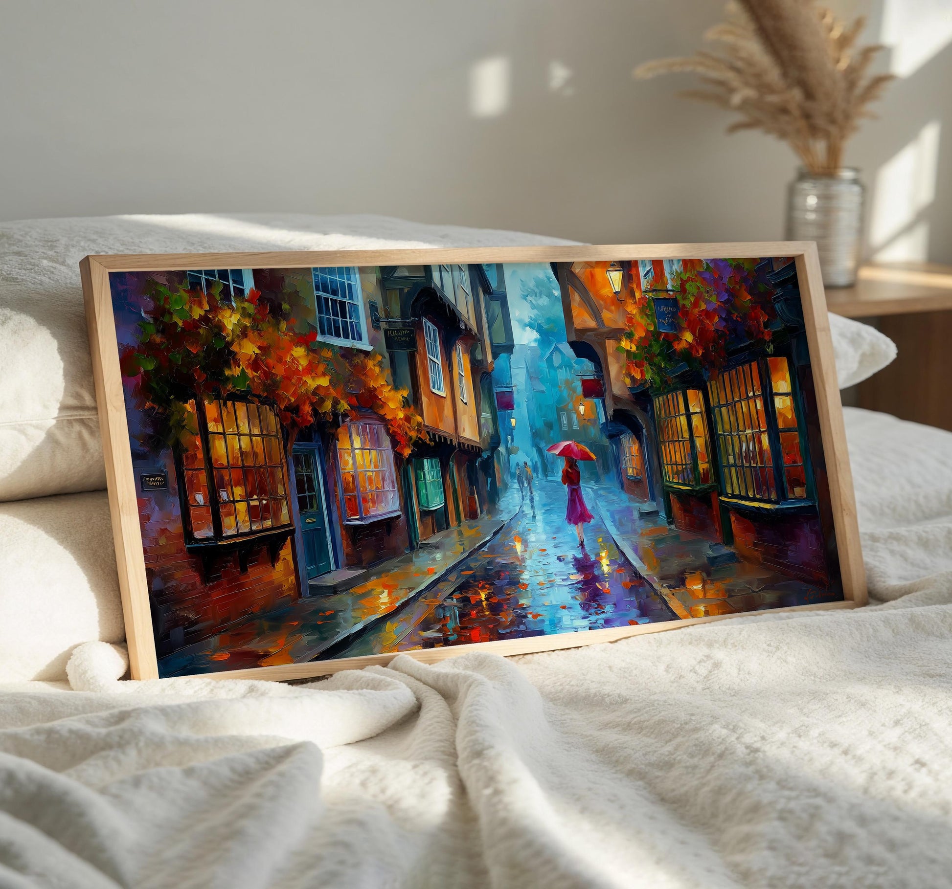 York Shambles Art Print, Rainy York Wall Art, Colourful Umbrella Panoramic Print, Impressionist Oil Painting