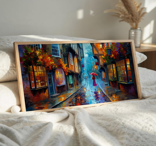 York Shambles Art Print, Rainy York Wall Art, Colourful Umbrella Panoramic Print, Impressionist Oil Painting