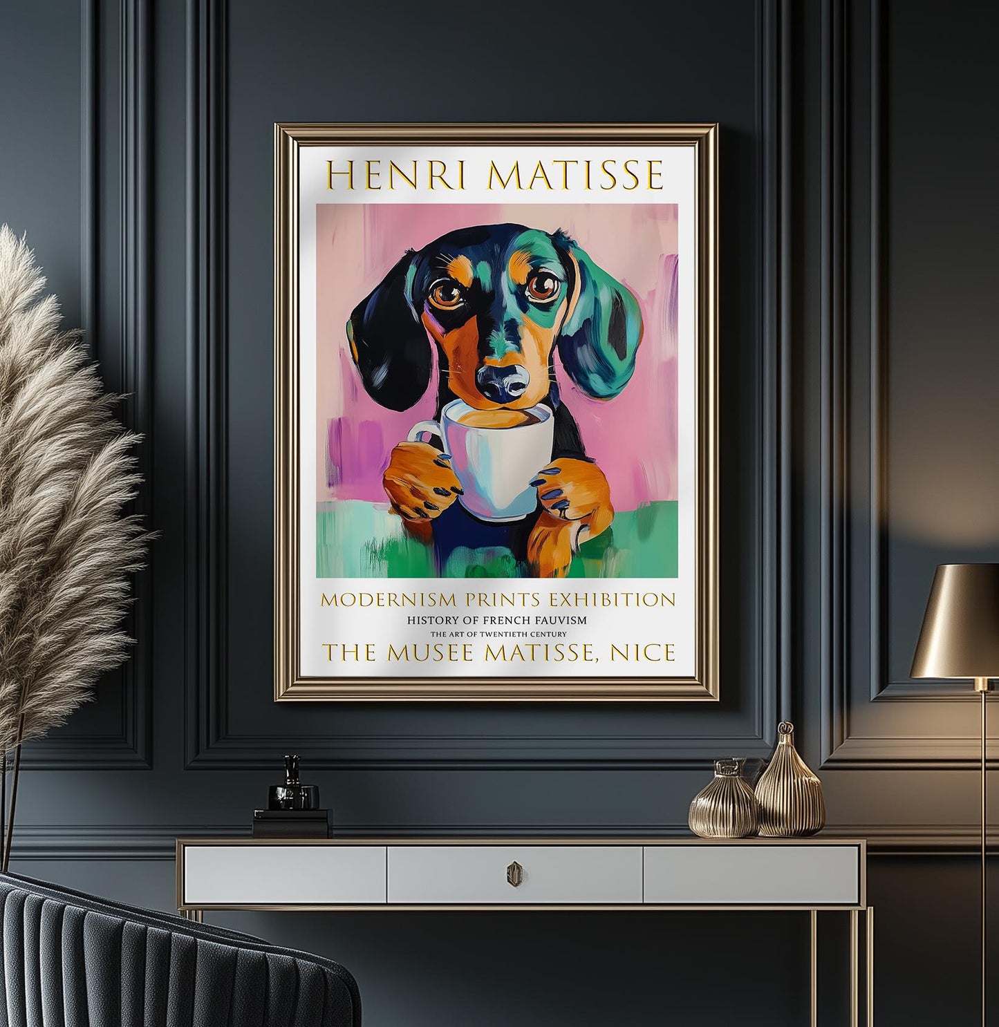 Matisse Style Dachshund Poster, Colourful Coffee Dog Wall Art Print