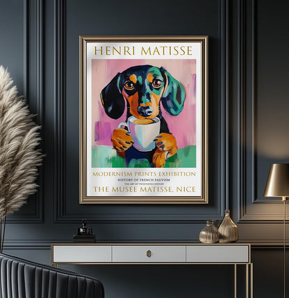 Matisse Style Dachshund Poster, Colourful Coffee Dog Wall Art Print