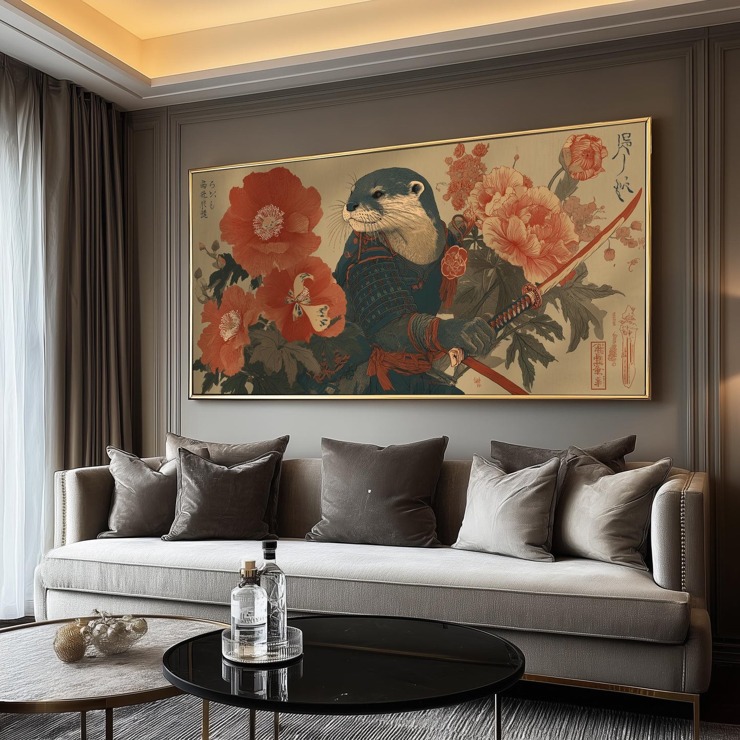 Japanese Samurai Otter Panoramic Art Print - Ukiyo-e Animal Poster, Zen Japandi Woodblock Décor, Floral Katana Artwork for Living Room
