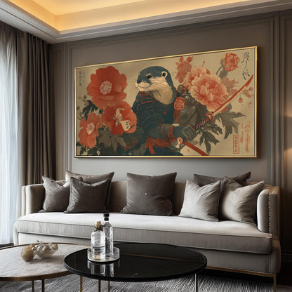 Japanese Samurai Otter Panoramic Art Print - Ukiyo-e Animal Poster, Zen Japandi Woodblock Décor, Floral Katana Artwork for Living Room