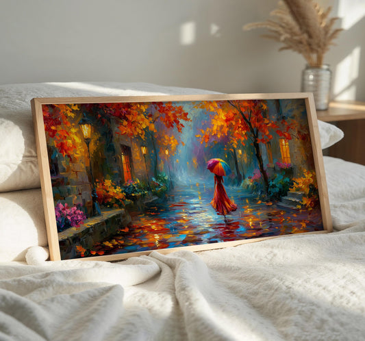 Colourful Umbrella Wall Art, Rainy Autumn Street Print, Panoramic Landscape Art, Impressionist Oil Painting