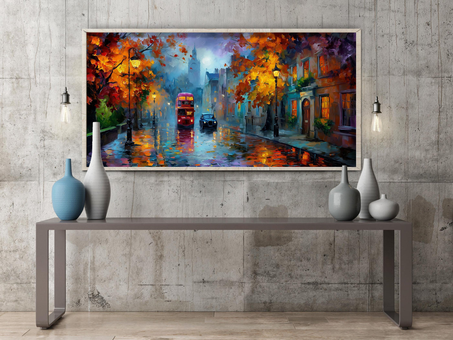 London Bus Art Print – Rainy London Wall Art – Panoramic Cityscape
