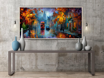London Bus Art Print – Rainy London Wall Art – Panoramic Cityscape