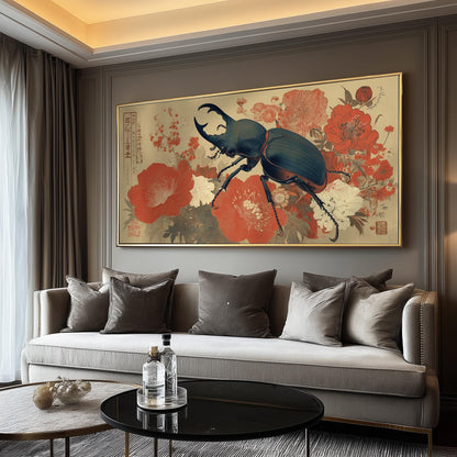 Horned Beetle Print, Vintage Japanese Panoramic Wall Art