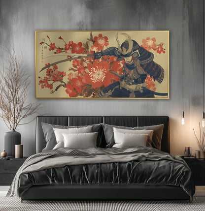 Print, Samurai and Cherry Blossom, Panoramic Japanese Ukiyo-e Wall Art
