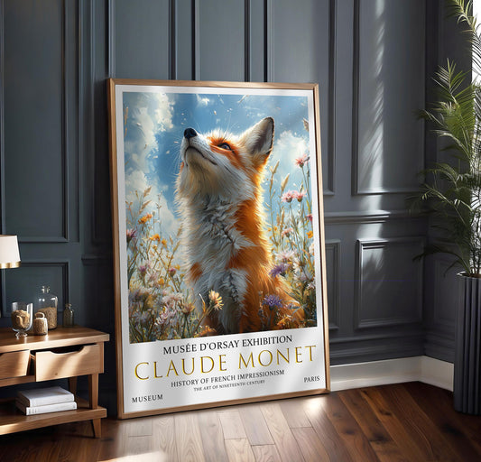 Print, Monet-Inspired Fox in Meadow, Vintage Impressionist Wall Art