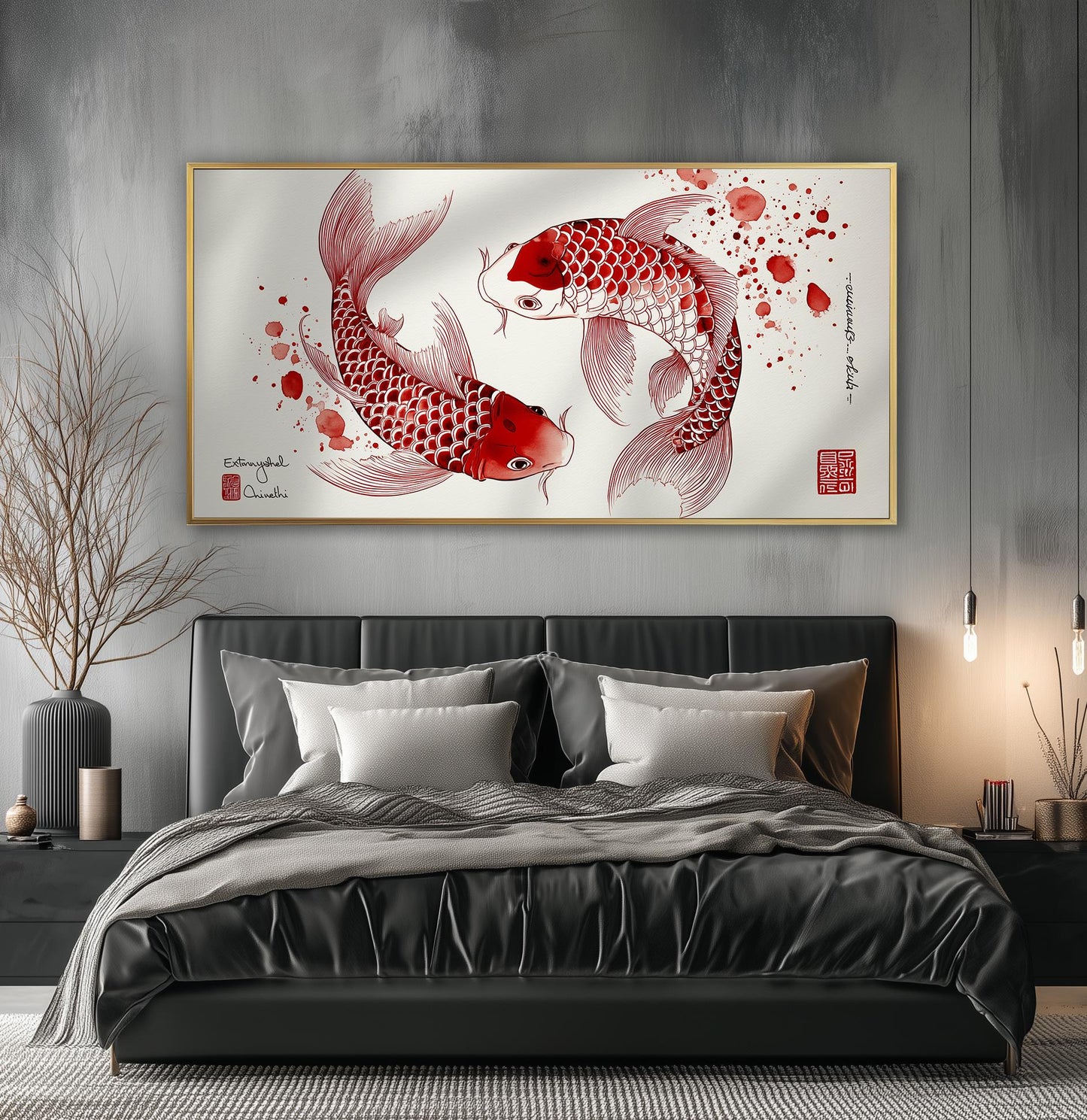 Print: Red Koi Fish, Japanese Watercolour Yin Yang Panoramic Wall Art