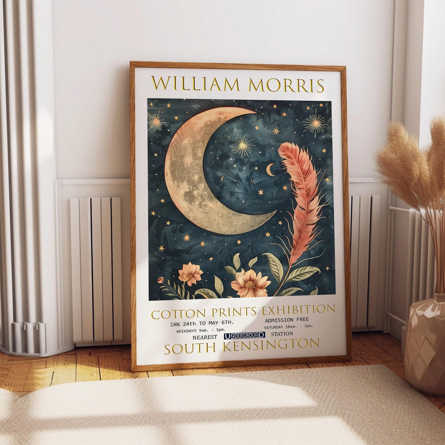 Vintage Celestial Wall Art – William Morris Print With Moon & Feather Design