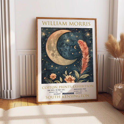 Vintage Celestial Wall Art – William Morris Print With Moon & Feather Design