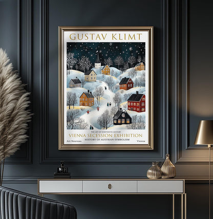 Klimt Winter Village Print – Art Nouveau Wall Art With Gold Accent & Snowy Landscape