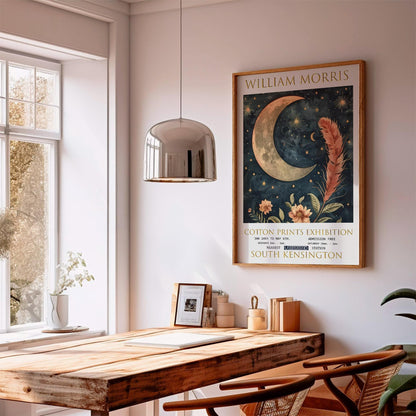 Vintage Celestial Wall Art – William Morris Print With Moon & Feather Design