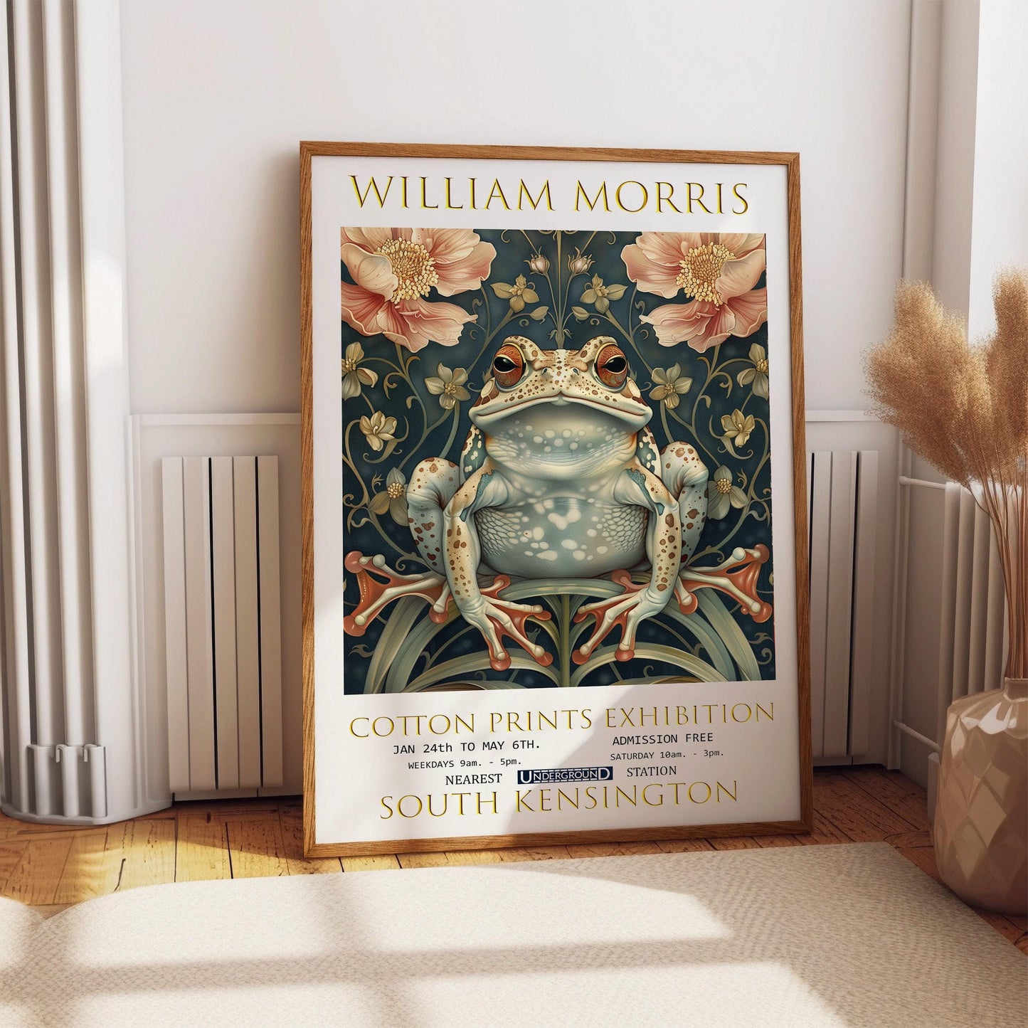 Frog Botanical Print in William Morris Style: Victorian Floral Wall Art