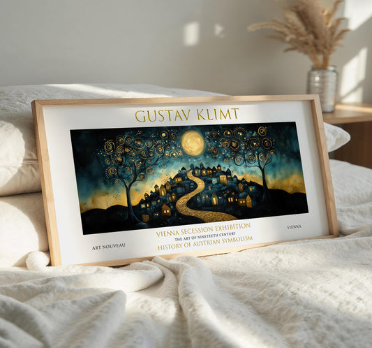 Gustav Klimt Starry Night Village Print: Art Nouveau Golden Landscape
