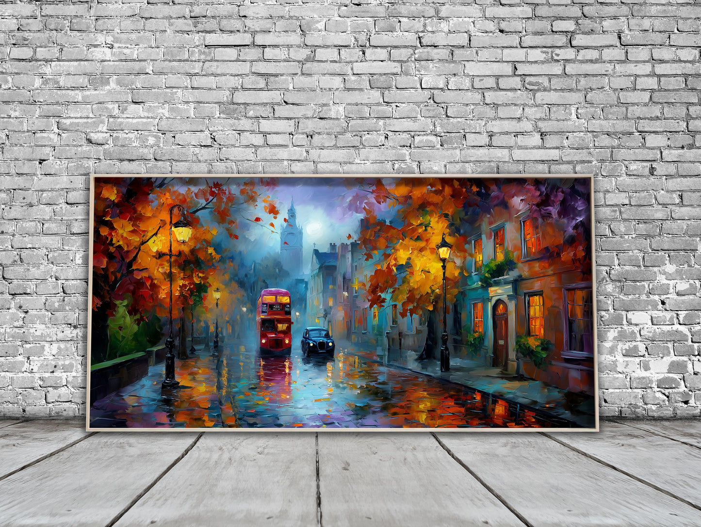 London Bus Art Print – Rainy London Wall Art – Panoramic Cityscape