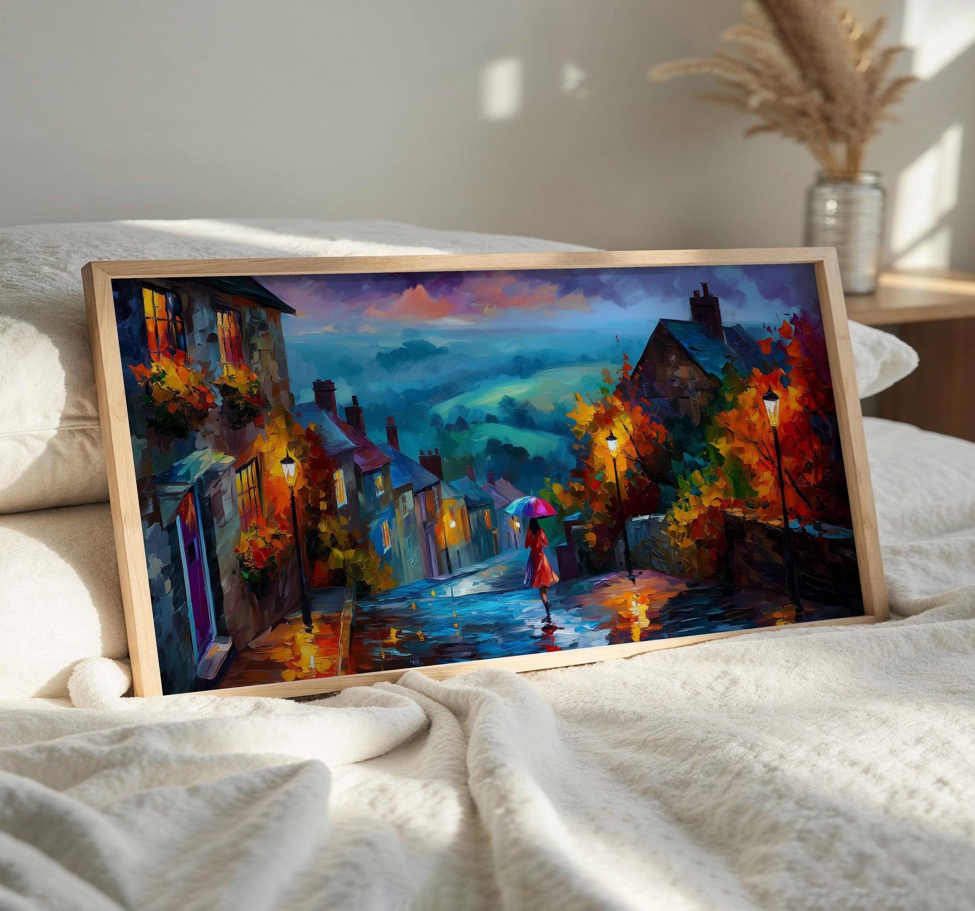Gold Hill Shaftesbury Print, Dorset Wall Art, Rainy Village Panoramic Print, Colourful Umbrella, Impressionist Oil Painting