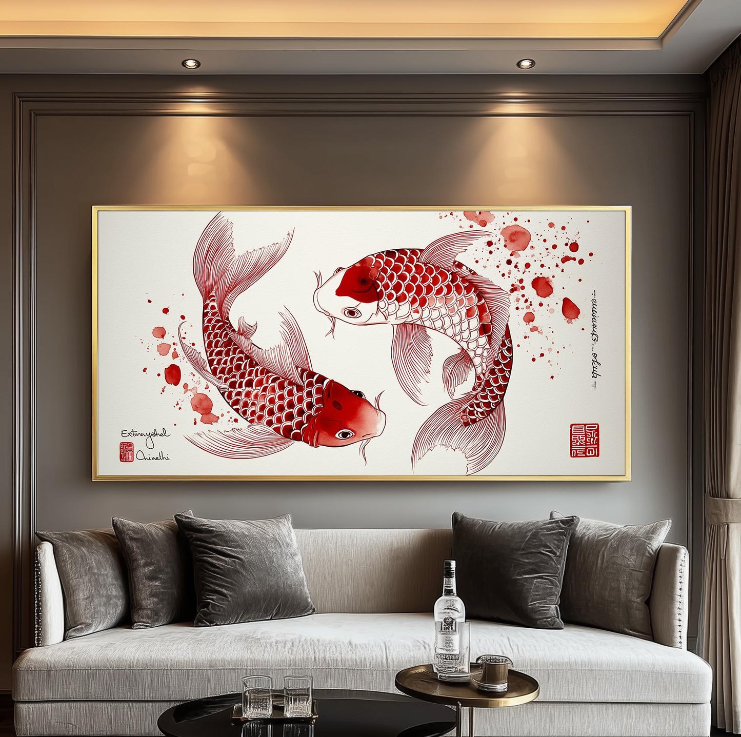 Print: Red Koi Fish, Japanese Watercolour Yin Yang Panoramic Wall Art