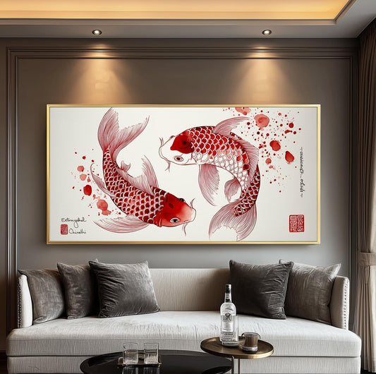 Print: Red Koi Fish, Japanese Watercolour Yin Yang Panoramic Wall Art