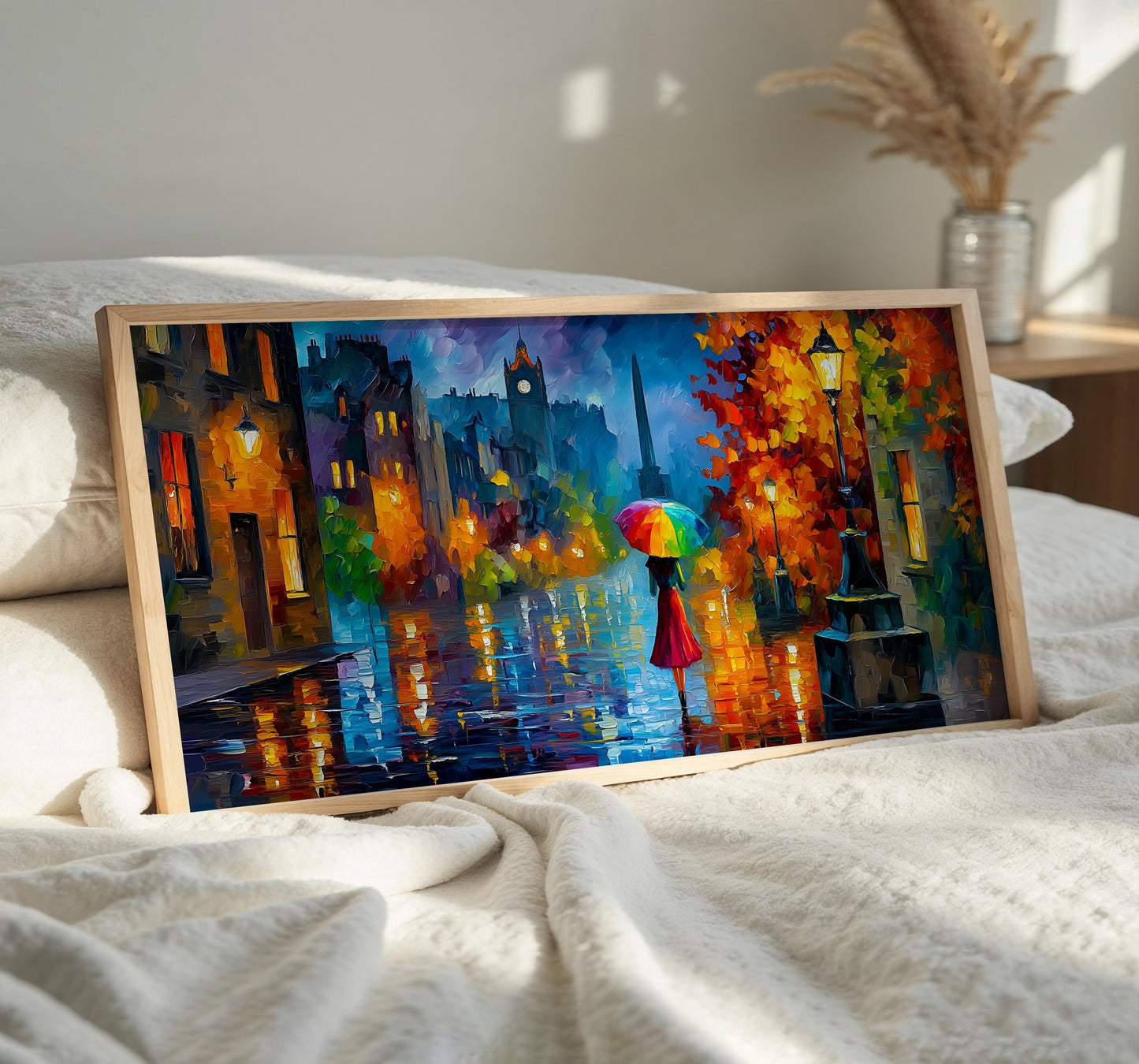 Princes Street Edinburgh Print, Scotland Panoramic Wall Art, Rainy Edinburgh Art, Colourful Umbrella, Impressionist Oil Painting