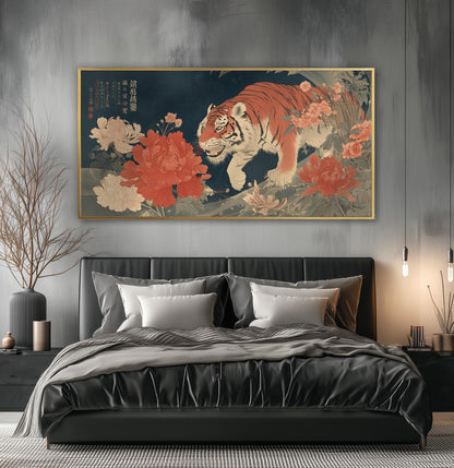 Japanese Tiger Art Print – Floral Décor – Large Panoramic Art Navy Blue Wall Art