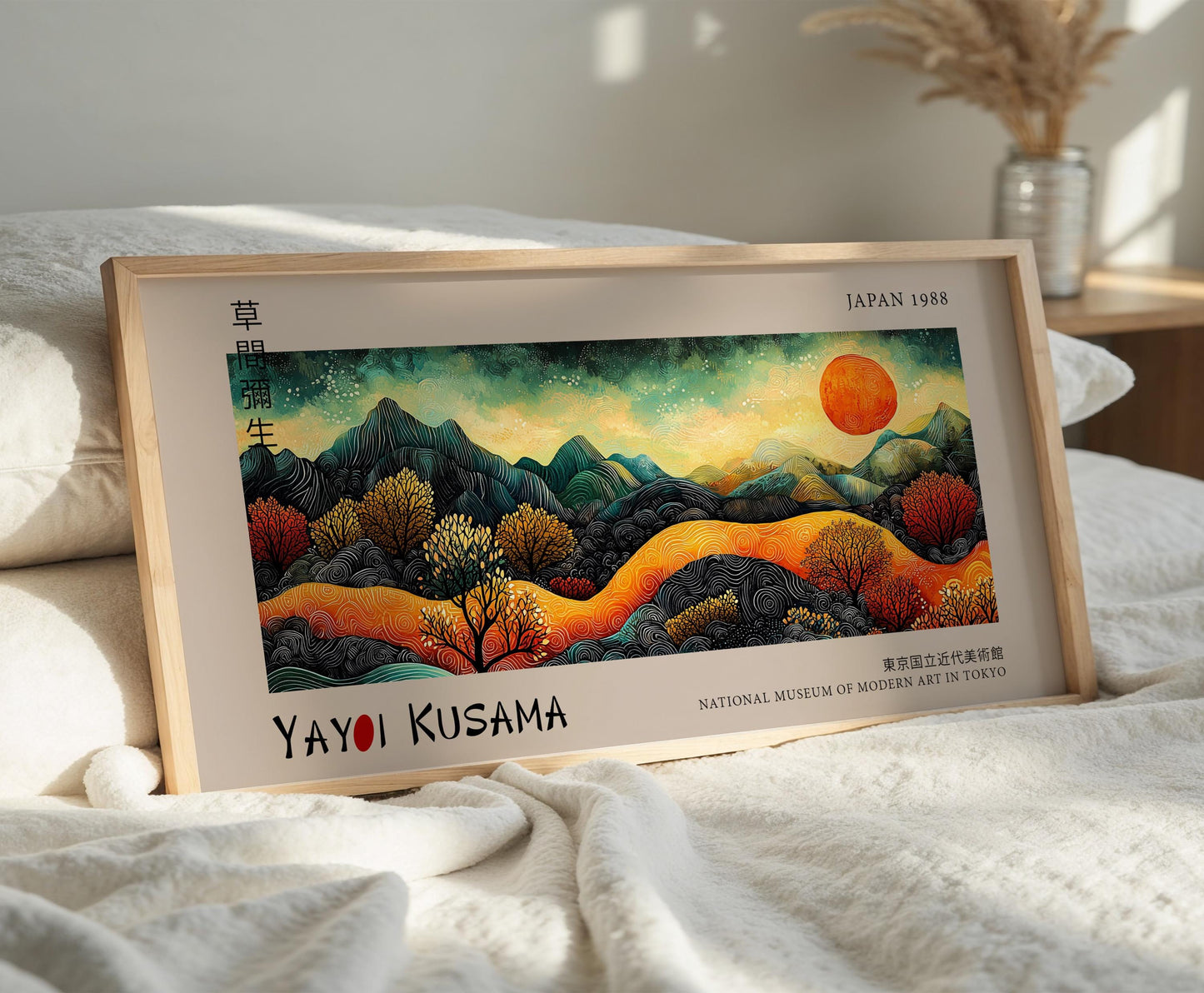 Japanese Sunset Print: Yayoi Kusama Inspired Mountain Landscape Art