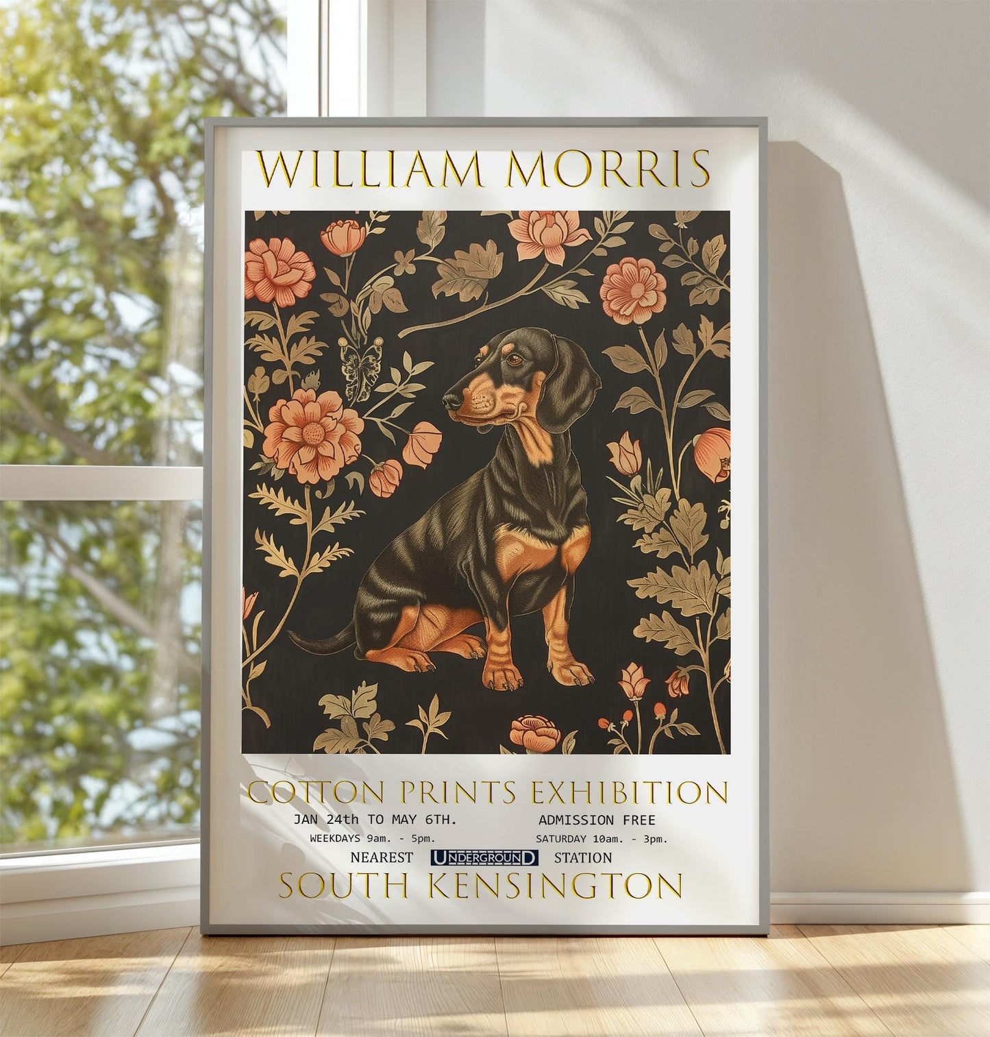 William Morris Dachshund Print – Vintage Floral Art on Premium Matte Paper
