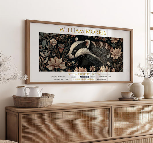 William Morris Badger Art Print: Vintage Floral Textiles, Panoramic Wall Decor