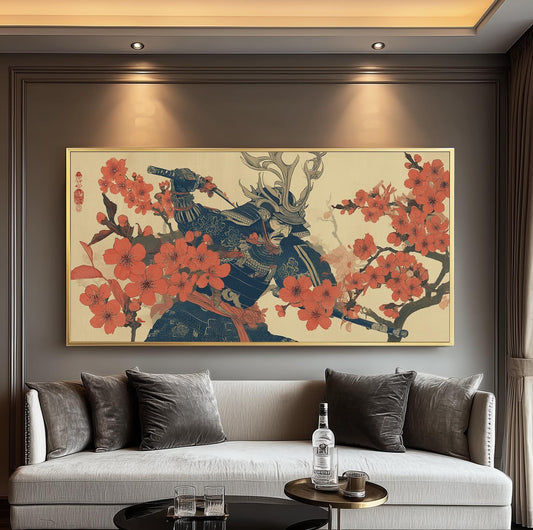 Japanese Samurai Panoramic Print - Japanese Warrior & Cherry Blossom Poster, Japandi Art, Ukiyo-e Décor Artwork for Living Room