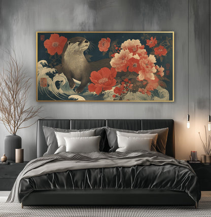 Japanese Otter Art Print – Ukiyo-e Floral Wildlife Artwork
