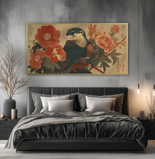 Japanese Samurai Otter Panoramic Art Print - Ukiyo-e Animal Poster, Zen Japandi Woodblock Décor, Floral Katana Artwork for Living Room