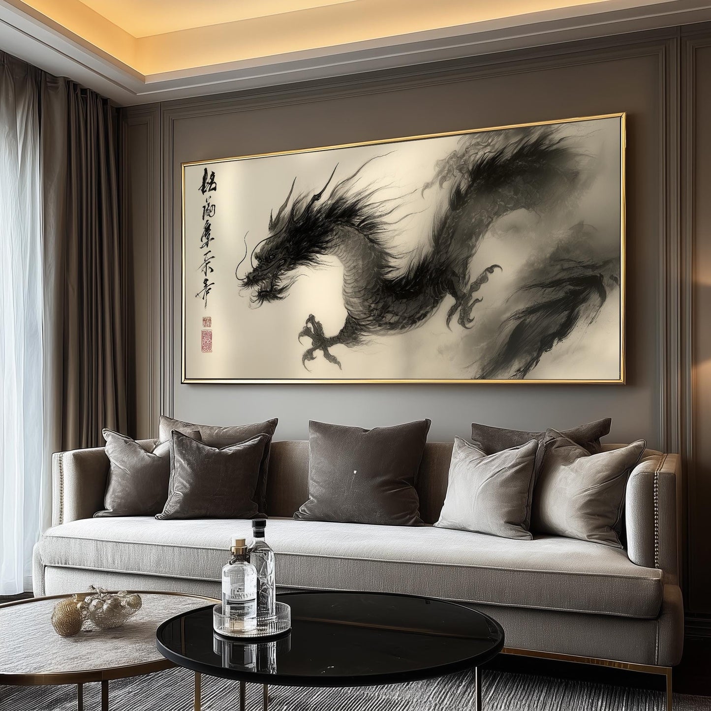 Chinese Dragon Panoramic Print: Vintage Ink Painting Art