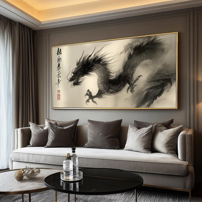 Chinese Dragon Panoramic Print: Vintage Ink Painting Art