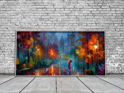 New York Panoramic Print – Rainy City Wall Art – Impressionist Oil Painting