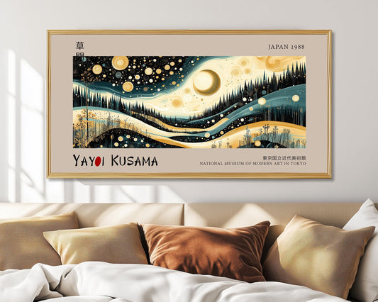 Japanese Moon & Stars Panoramic Print | Modern Japandi Wall Art | Abstract Landscape Poster | Zen Nature Decor | Museum Exhibition Print