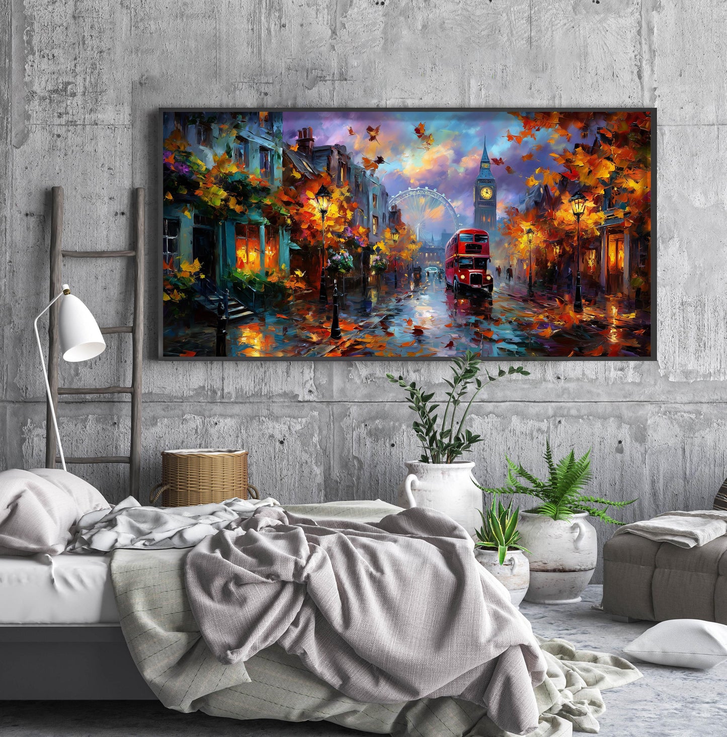 London Panoramic Print – Big Ben Wall Art – Rainy London Street Art