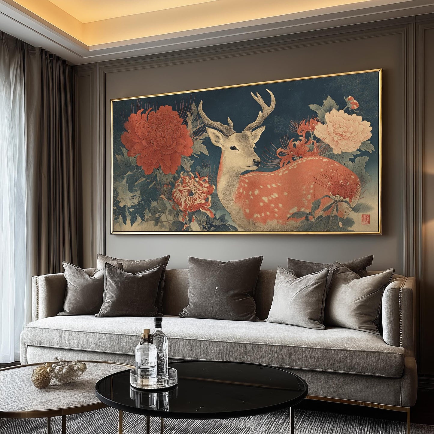 Japanese Sika Deer Art Print: Ukiyo-e Cherry Blossom Floral Artwork